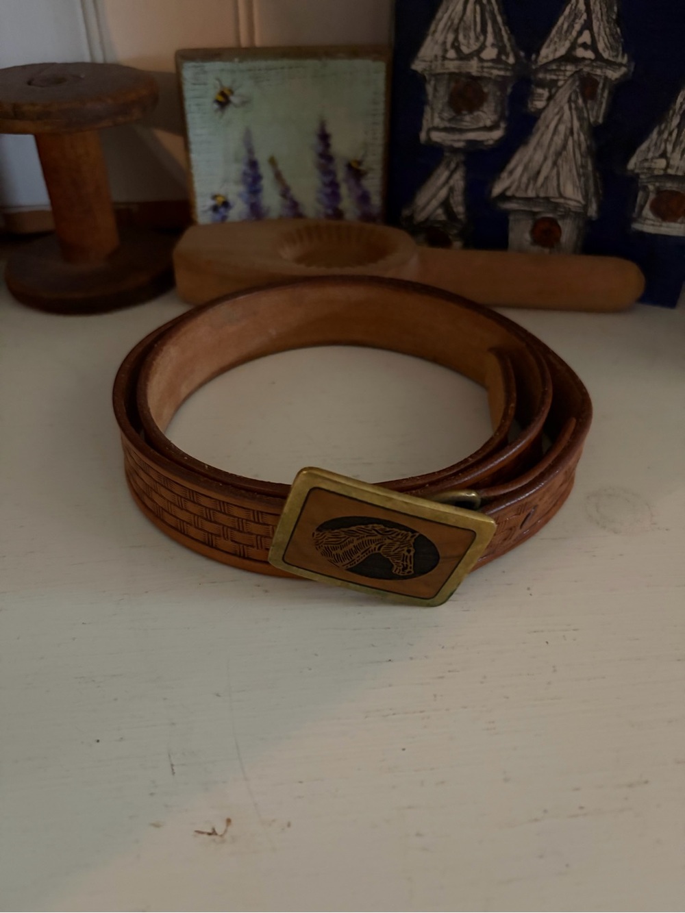 Trinity Leather Women’s Belt with Engraved Horse Buckle - Brown, Vintage